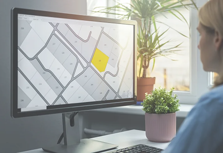 Person reviewing an interactive community lot map on a computer screen